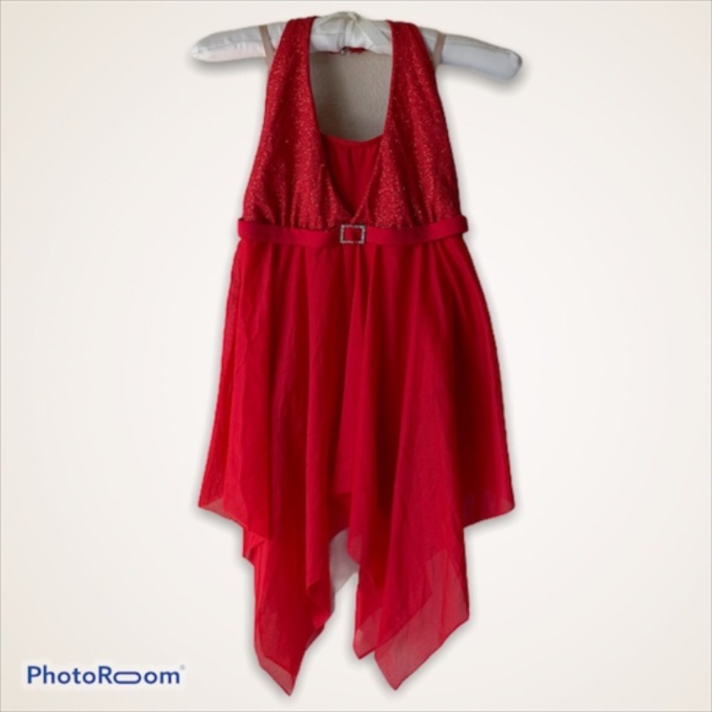 Balera Red Halter Metallic Glitter Sparkle Mesh Handkerchief Dance Dress Child L